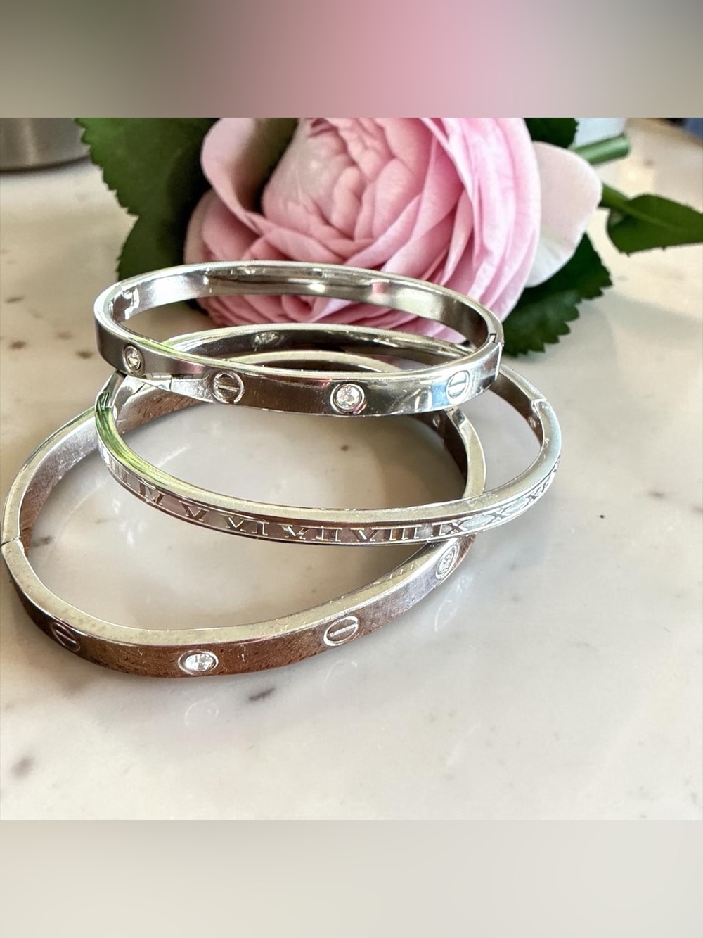Silver Tone Women's Stackable Bangle Bracelet Set with Crystal Accents